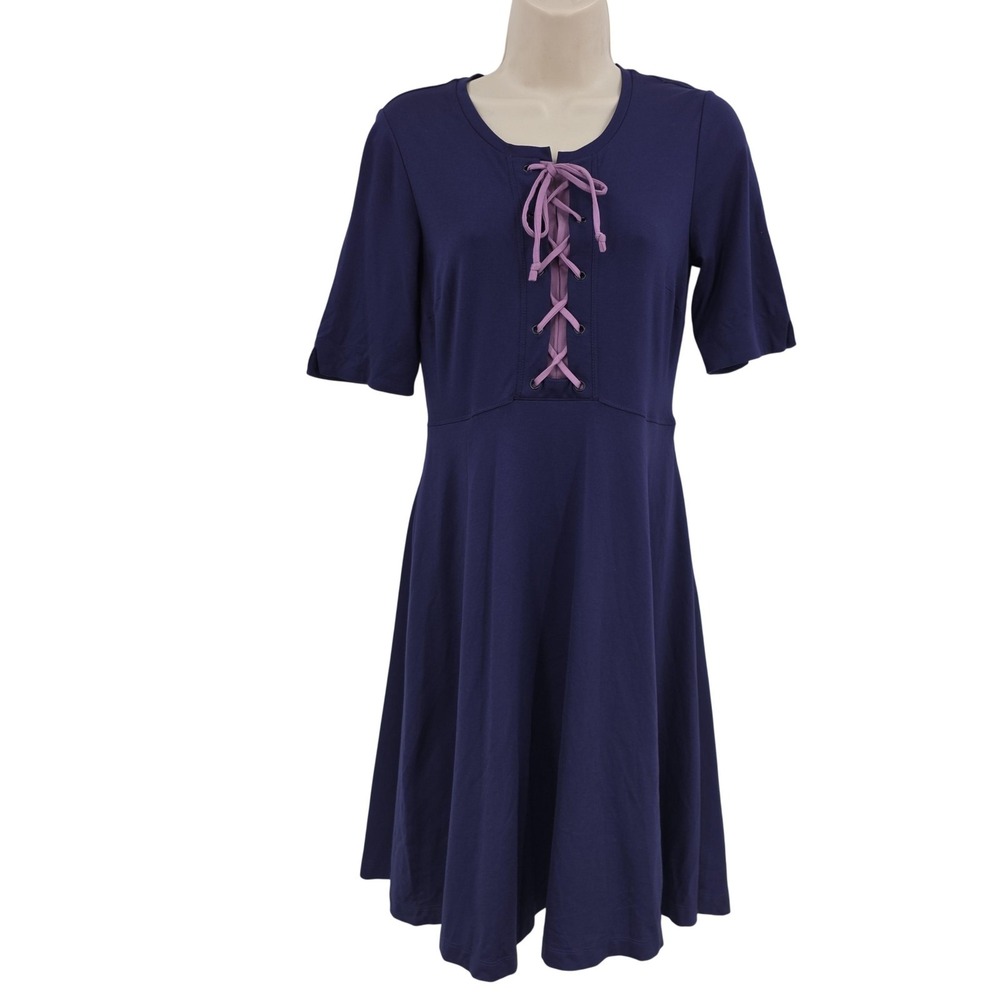 Maeve Anthropologie Dress Women XS Blue Lace Up Fit & Flare T-Shirt Knit Preppy